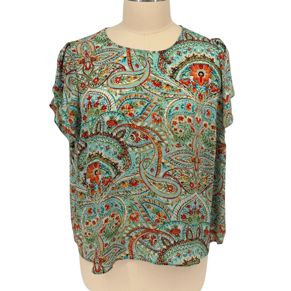 Premise Woman Blouse Aqua Paisley Flutter Sleeve Button Back 3X